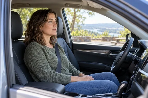 Woman taking a quiet pause in the driver's seat of a parked car.