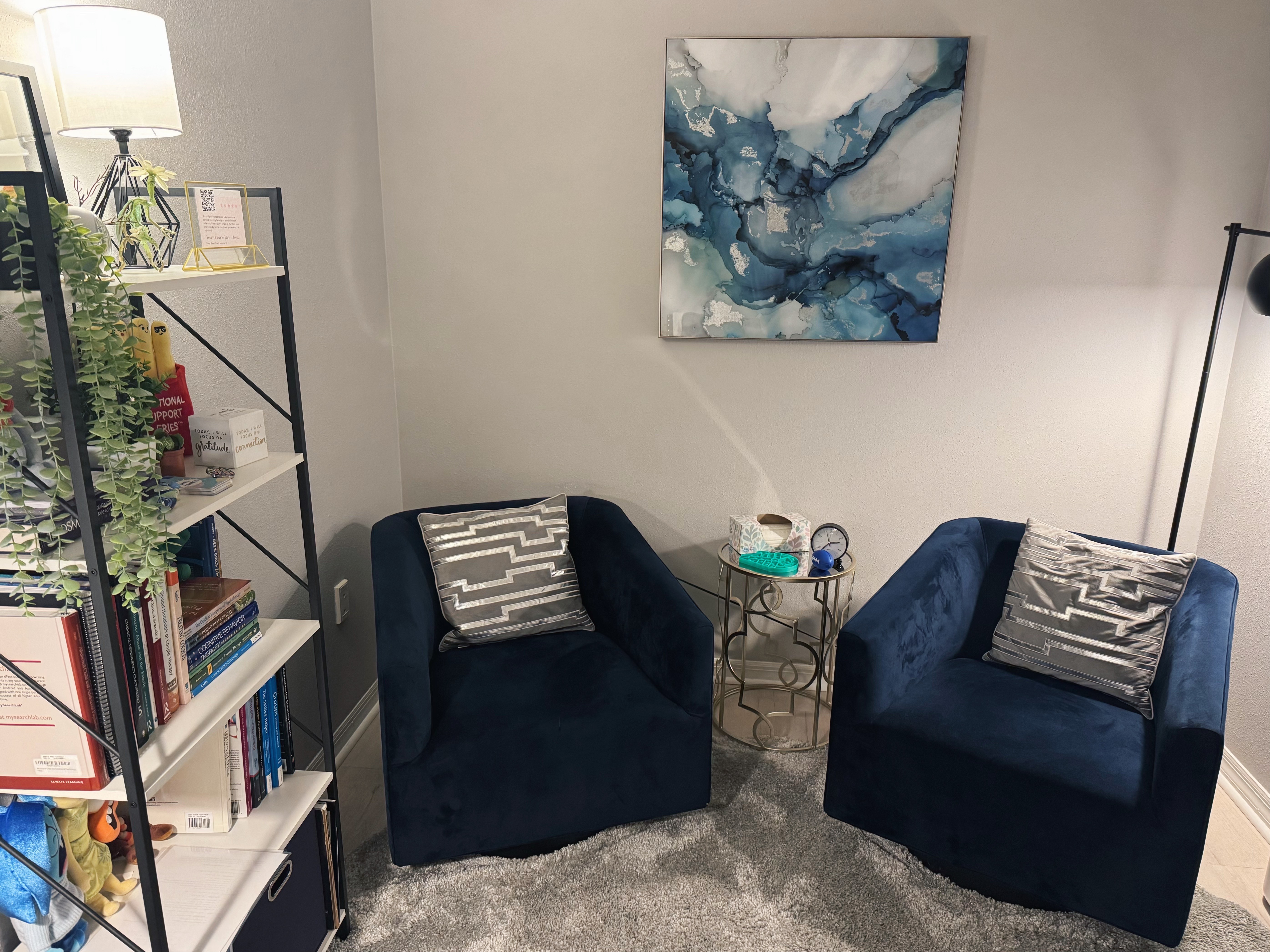 Collin Farrell's counseling office at Orlando Thrive Therapy, providing a calm space for professional therapy.y
