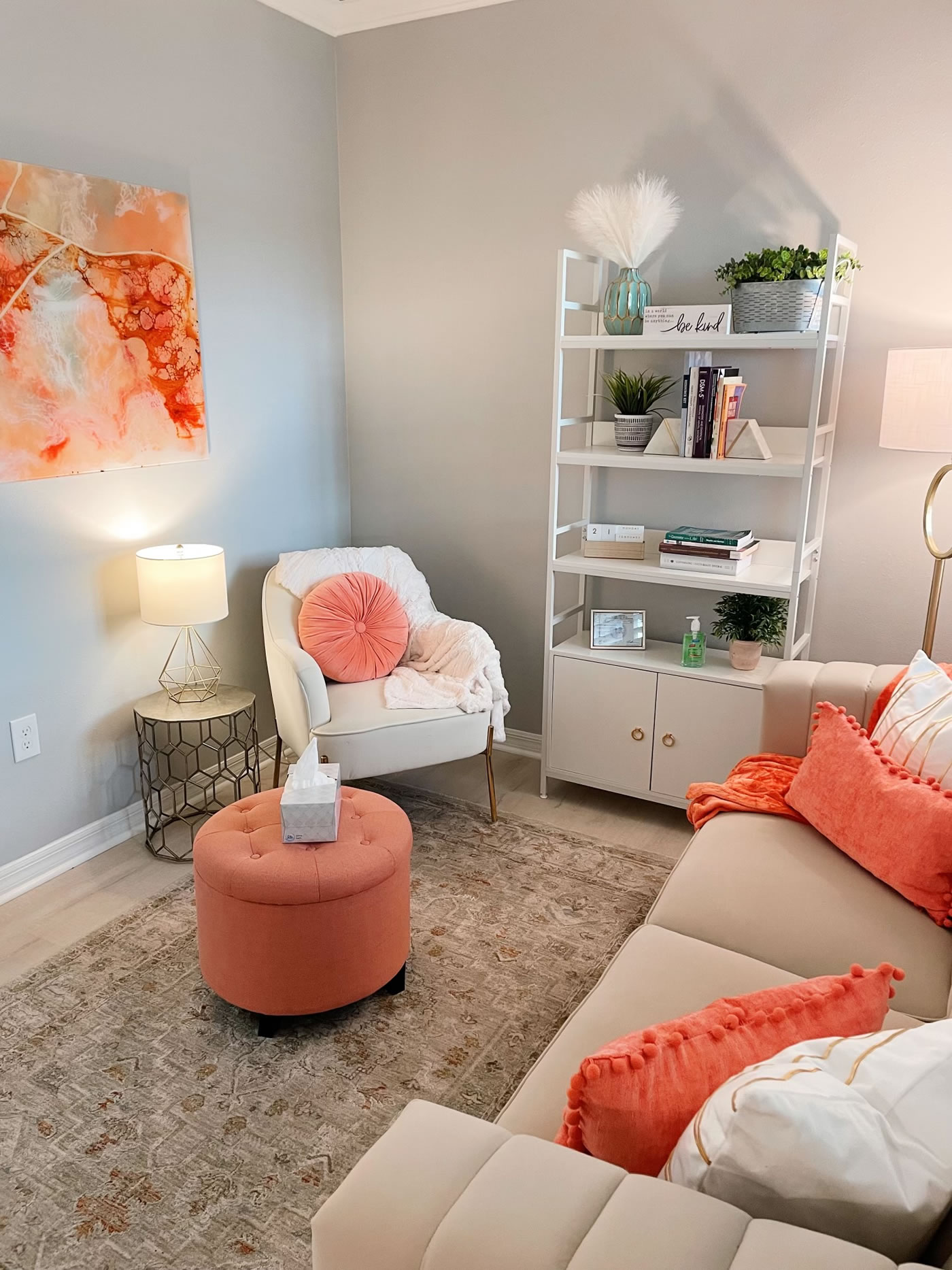 Lauren Rhode's cozy counseling office at Orlando Thrive Therapy for private therapy sessions.