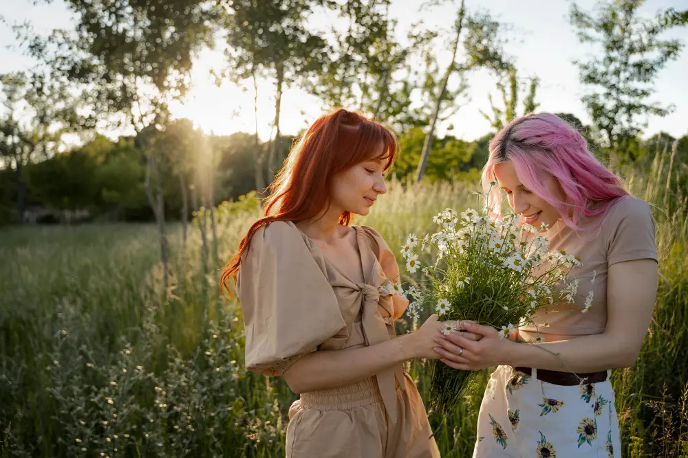 A peaceful image of women in nature holding wildflowers, representing the transition from burnout to a state of inner calm and self-worth.